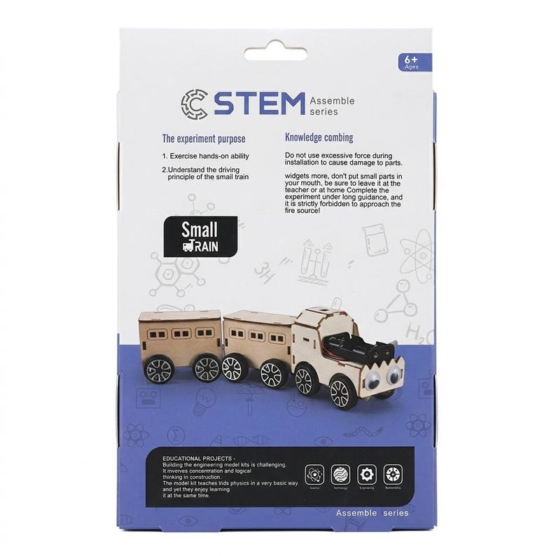 Peut inclure: Un kit de la s&eacute;rie STEM Assemble avec un petit mod&egrave;le de train en bois. La bo&icirc;te contient du texte sur le but de l'exp&eacute;rience et des consignes de s&eacute;curit&eacute;. Le train a une locomotive blanche et deux wagons bruns avec des roues noires.