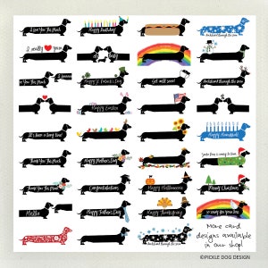 May include: A collection of dachshund dog illustrations with various celebratory themes. Each black silhouette dog is paired with text such as "Happy Birthday!" or "Merry Christmas." The image includes a rainbow, flowers, and other festive elements.