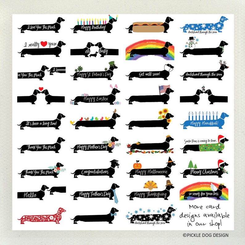 May include: A collection of dachshund dog illustrations with various celebratory themes. Each black silhouette dog is paired with text such as "Happy Birthday!" or "Merry Christmas." The image includes a rainbow, flowers, and other festive elements.
