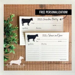 Vache. Personnalisation gratuite. Lot de cartes de recettes Une douzaine de boulangers (quantité 13) (3 x 5, 4 x 6, rustique, meugle, ferme, cadeau de mariage, cadeau de douche nuptiale)