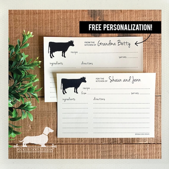 Cow. Free Personalization. A Baker's Dozen (Qty 13) Set of Recipe Cards