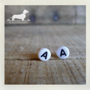 Lobe Letters. Personalized Post Earrings -- (White, Typography, Initials, Letters, Vintage-Style, Cute, Unisex, Birthday Gift Under 10)