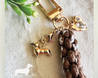 Dachshund Heart Cord Bag Charm: Doxie Keychain, Gold Dog Key Ring, Doxie Lover Gift