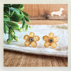 Pode incluir: Um par de brincos em forma de flor com um tom laranja claro. Cada brinco apresenta cinco pétalas e uma gema central brilhante de cor prateada. Os brincos estão colocados sobre um tecido branco com folhagem verde no fundo.