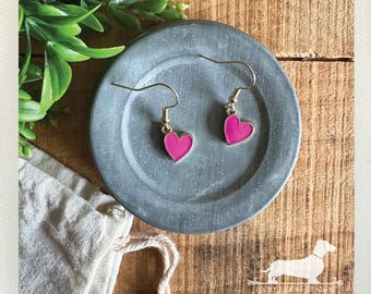 Pink Heart Dangle Earrings: Romantic Dainty Jewelry, Valentine Gift, Nickel Free