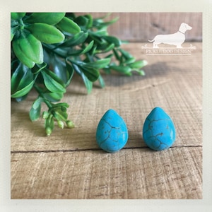 May include: Two turquoise teardrop-shaped stones with brown veining sit on a wooden surface. Green leafy sprigs are in the background. The stones are likely earrings or pendants. The Pickle Dog Design logo is in the upper right corner.