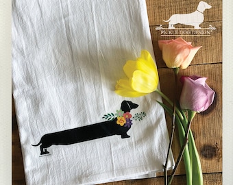 Floral Doxie. Decorative Tea Towel -- (Flowers, For Mom, Sausage Dog, Rustic Dish Towel, Dog Lover, Organic Cotton, Dachshund, Gift For Her)