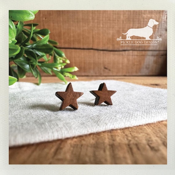 Wood Star. Post Earrings
