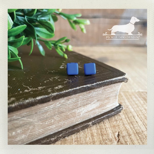 Blue Square. Post Earrings -- (Royal Blue Earrings, Geometric, Small Earrings, Simple, Gift For Her, Tiny Studs, Azul, Earrings Under 10)