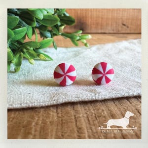 May include: A pair of round, red and white striped stud earrings. The earrings are set against a neutral linen background with green foliage and a wooden surface. The earrings have a peppermint candy design.
