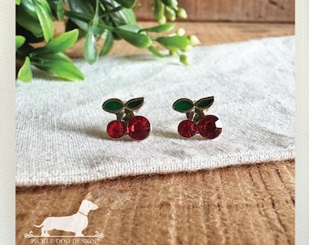 Red Cherry Post Earrings: Gold Metal Tiny Fruit Studs, Nickel Free