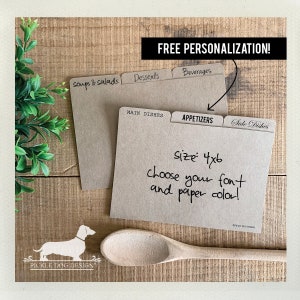 Tarjetas divisorias de recetas de 4x6 (papel kraft marrón, clásicas, para bodas, despedidas de soltera, organización, pestañas, personalización gratuita)