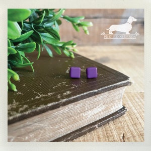 May include: A pair of small, square, purple stud earrings. The earrings are displayed on a worn, brown book with a green plant in the background. The earrings are a simple, minimalist design.