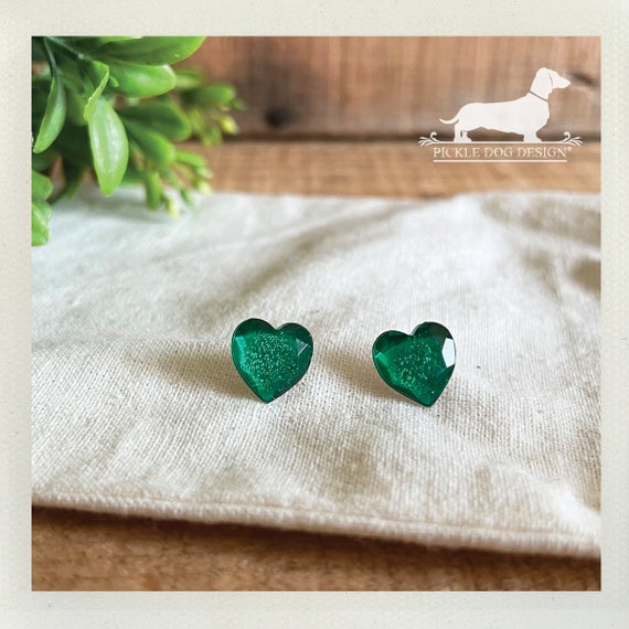 Green Heart. Post Earrings