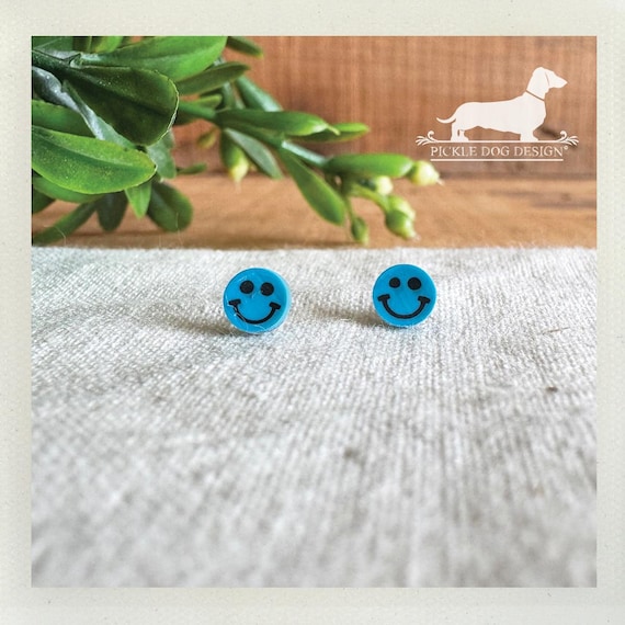 Mini Blue Smiley Face. Post Earrings