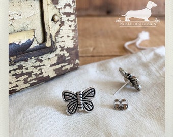 Beautiful Butterfly. Post Earrings -- (Vintage-Style, Silver, Rustic, Bug, Summer, Insect Jewelry, Monarch, Birthday Gift for Her Under 10)