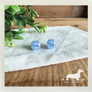 May include: Two light blue, faceted crystal stud earrings. The earrings are square-shaped and sit on a light-colored, textured fabric. The background includes greenery and a wooden surface. The Pickle Dog Design logo is in the lower right corner.