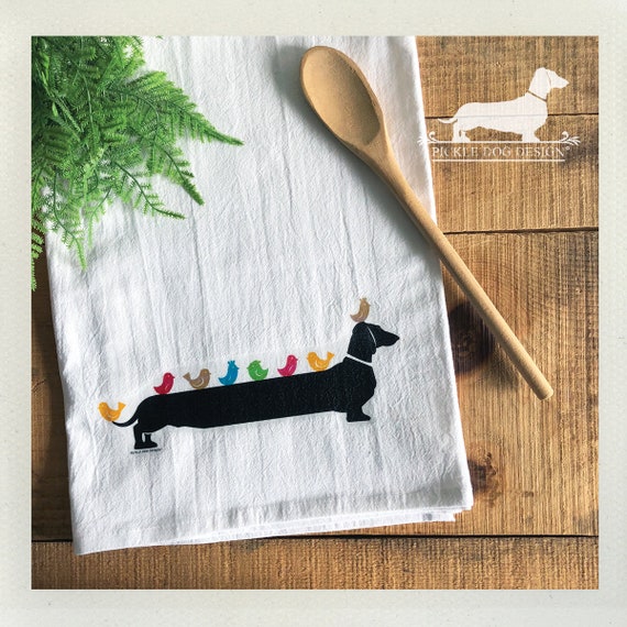 Long Doxie, Little Birdie. Decorative Tea Towel