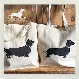 Doxie. Cotton Tote Bag -- (Reusable Bag, Shopping Bag, Dog Bag, Long Hair Dachshund, Vintage-Style, Wiener Dog, Eco Chic, Birthday Gift)