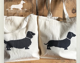 Doxie. Cotton Tote Bag -- (Reusable Bag, Shopping Bag, Dog Bag, Long Hair Dachshund, Vintage-Style, Wiener Dog, Eco Chic, Christmas Gift)