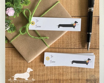 Floral Doxie. Long Gift Tags (Qty 10) -- (Cute Gift Wrap, Card For Her, Dachshund, Vintage-Style, Wiener Dog, Bridal Shower, Free Shipping)