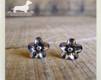 Boucles D'oreilles Vintage Argenté Décor Floral - Années 70-80 - Occasion - Style Rétro
