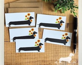 Sunflower Dachshund Set of 5 Mini Cards: Summer Doxie Flat Card Set, Gift Tags