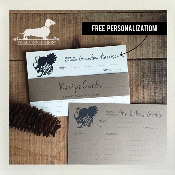 Turkey. Free Personalization. A Baker's Dozen (Qty 13) Set of Recipe Cards