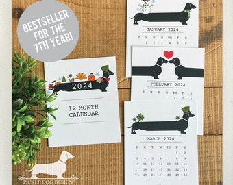 Holiday Doxie. 2024 Desktop Calendar -- (Vintage-Style, Dog, Dachshund, Wiener Dog, Monthly Calendar, Long Dog, Christmas Gift Under 15)