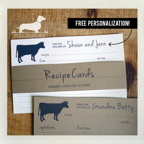 Cow. Free Personalization. A Baker's Dozen (Qty 13) Set of Recipe Cards