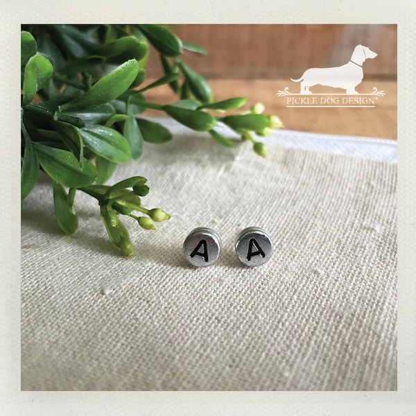 Silver Lobe Letters. Personalized Post Earrings -- (Typography, Initials, Letters, Vintage-Style, Personalized, Earrings Under 10 Dollars)