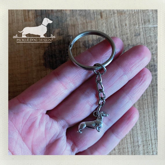 Healing small things brown cute dachshund dog hand-stitched leather  keychain small size
