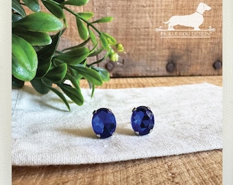 Sapphire Post Earrings: Vintage-Style Bridal Jewelry, Cobalt Blue Gem, Sparkly Rhinestone Nickel Free Studs