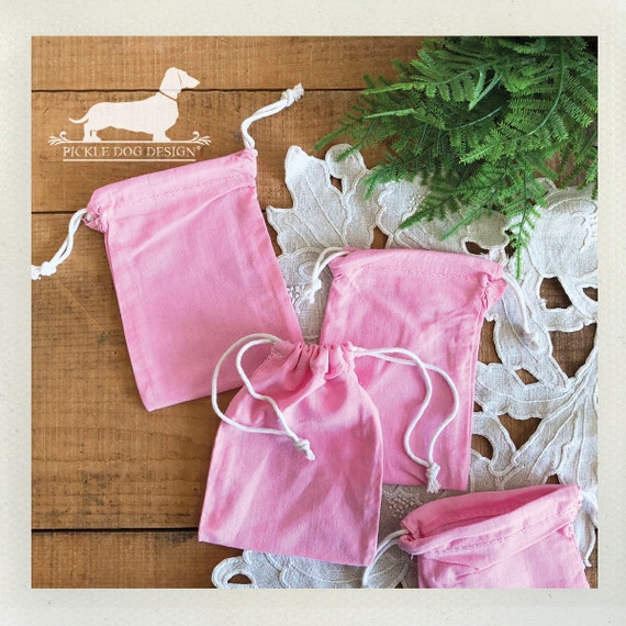 LAST CHANCE! Pink. Set of 4 Muslin Bags -- (Vintage-Style, Rustic, Birthday Gift Wrap, Bridal Shower Favor, Baby Shower Favor, Party Favor)
