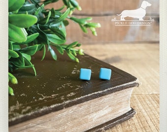 Light Blue Square. Post Earrings -- (Geometric, Small Earrings, Gift For Her, Tiny Studs, Robin Egg Blue, Seafoam, Cute, Earrings Under 10)