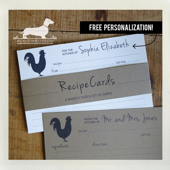 Rooster. Free Personalization. A Baker's Dozen (Qty 13) Set of Recipe Cards