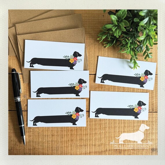 Floral Dachshund. Set of 5 Mini Flat Cards
