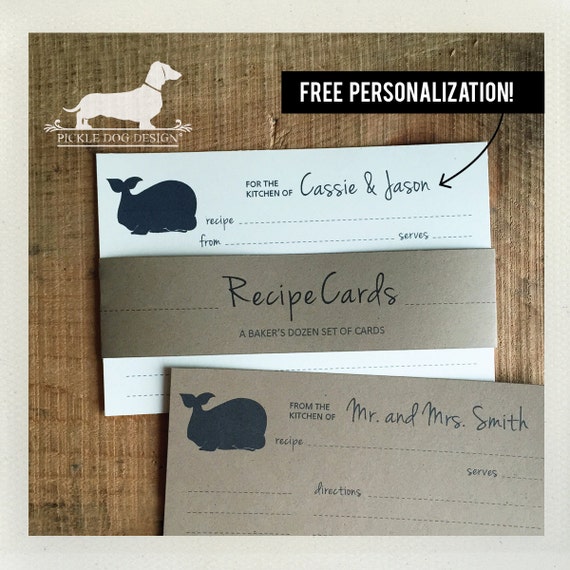 Whale. Free Personalization. A Baker's Dozen (Qty 13) Set of Recipe Cards