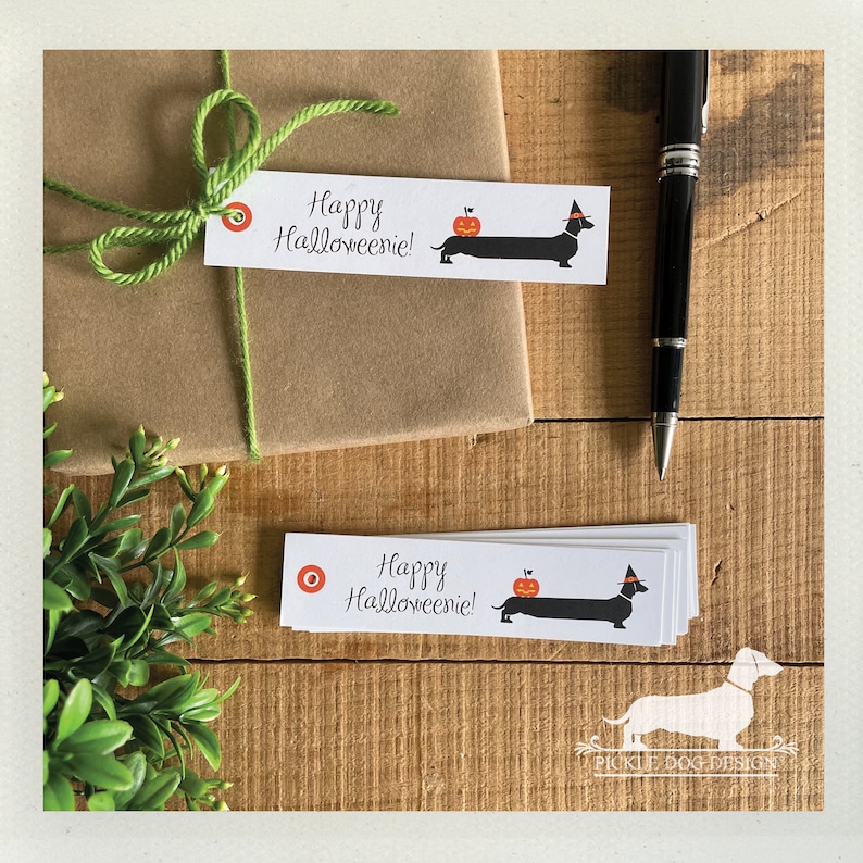 Pu&ograve; includere: Etichette regalo rettangolari bianche con la scritta "Happy Halloweenie!" e un bassotto dei cartoni animati con un cappello da strega e una zucca. I tag sono legati a un regalo avvolto marrone con spago verde.