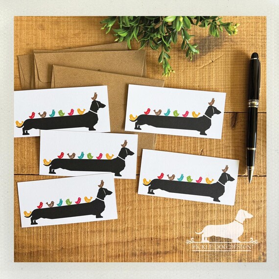 Dachshund and Birds. Set of 5 Mini Flat Cards