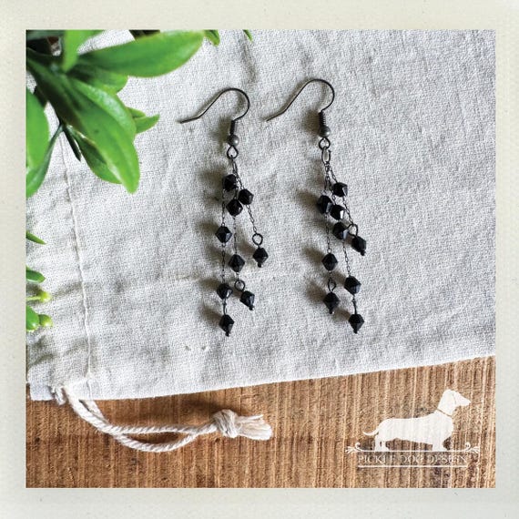Black Beaded Fringe. Dangle Earrings