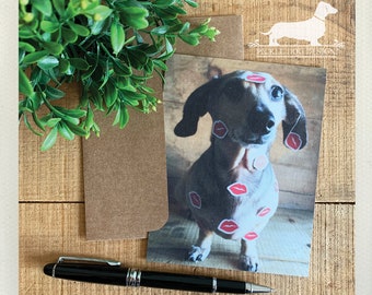 Doxie Kisses. Set of 5 Flat Cards -- (Dog Valentine Card, Anniversary Card, Dachshund, Vintage-Style, Wiener Dog, I Love You, Kisses, Lips)