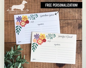 Floral. Free Personalization. A Baker's Dozen (Qty 13) Set of Recipe Cards -- (3x5, 4x6, 5x7, Flowers, Wedding Gift, Bridal Shower Favor)