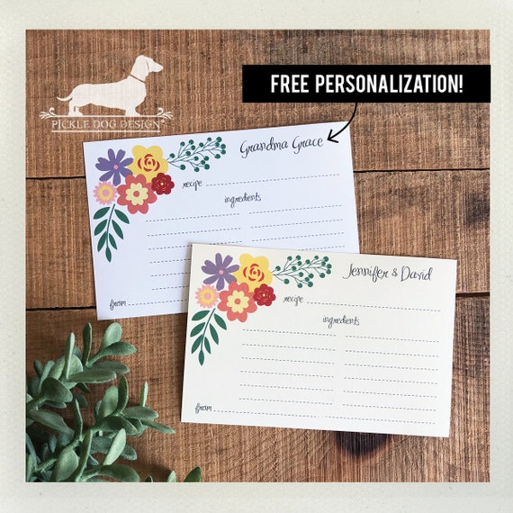 Floral. Free Personalization. A Baker's Dozen (Qty 13) Set of Recipe Cards