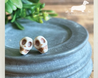 Skull Post Earrings: Vintage Steampunk Unisex Jewelry, Howlite Nickel Free Studs