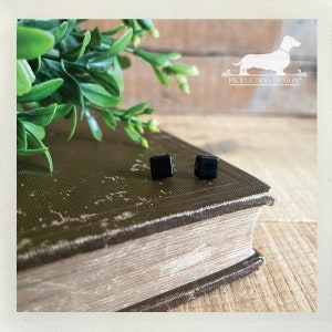 May include: A pair of small, square, black onyx stud earrings. The earrings are presented on a vintage book with a worn cover. Green foliage is in the background, and the Pickle Dog Design logo is visible.
