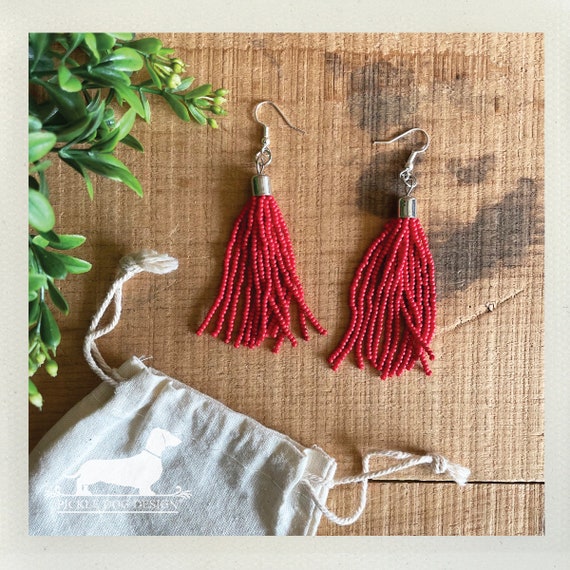 Red Beaded Tassel. Dangle Earrings