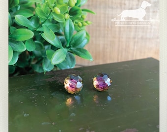 Glass Gem. Post Earrings -- (Glass, Purple, Vintage-Style, Blue, Gemstone, Tiny Glass Studs, Aqua, Crystal Earrings, Gift For Her Under 10)