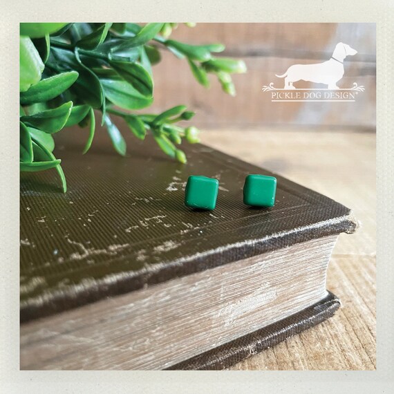 Green Square. Post Earrings