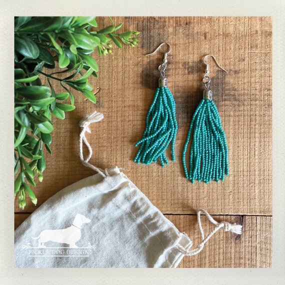 Turquoise Beaded Tassel. Dangle Earrings